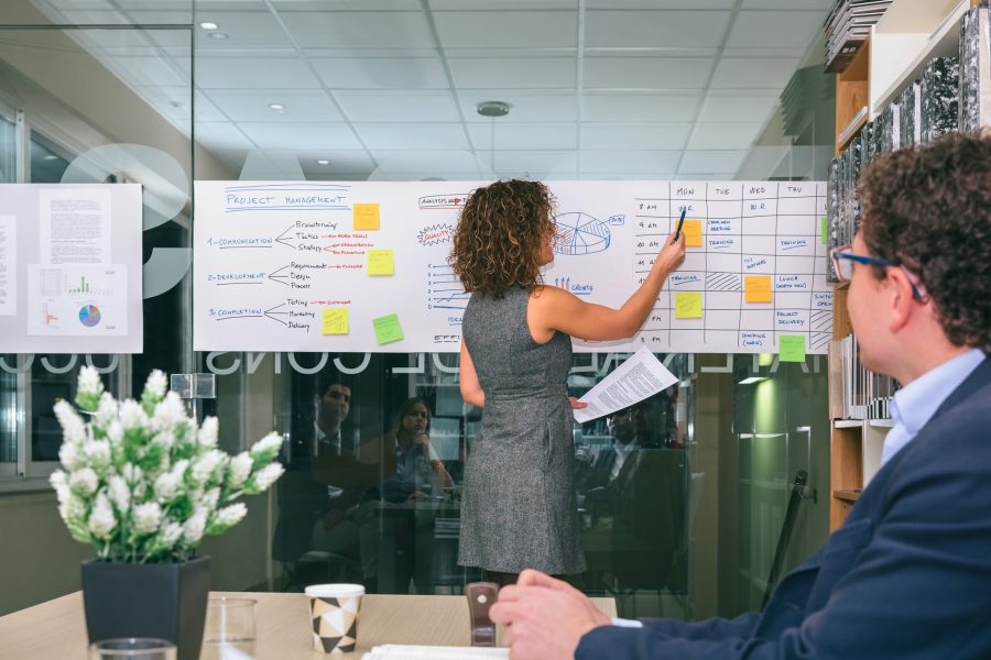 Female coach explaining project management studies over glass wall
